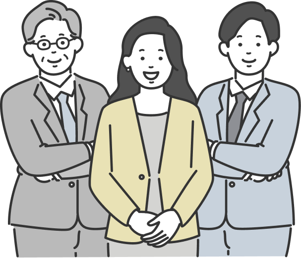 スーツを着た3人のビジネスパーソンが笑顔で並んで立っているイラスト